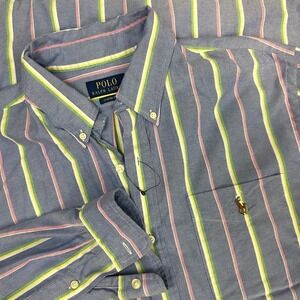 Polo Ralph Lauren Blue Striped‎ Flesh Pony Fun Shirt Mens XL OCBD NWOT Pocket
